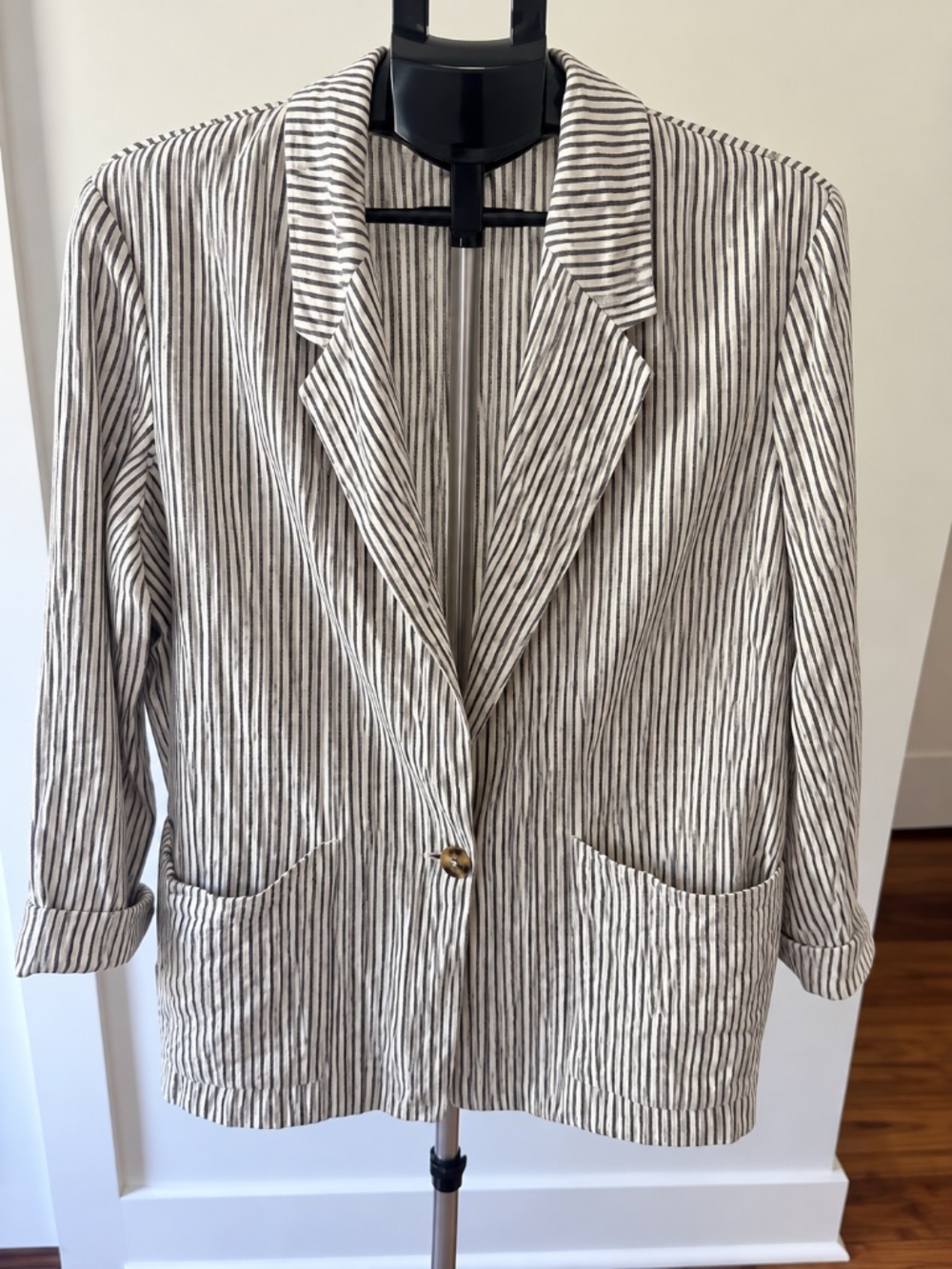 A New Day Black White Striped Linen Blazer Relaxed Fit XL